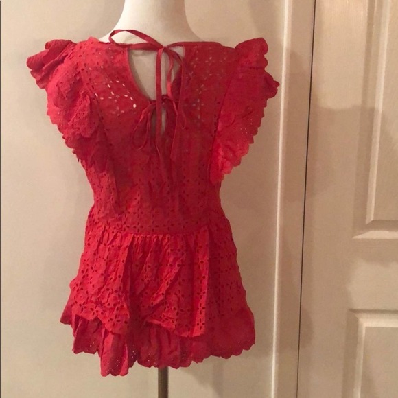Ruffled Eyelet Top Red V Neck Blouse - Picture 5 of 6
